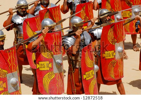 Roman soldiers fighting with spears during Roman show in Jerash, Jordan