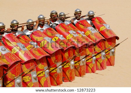 Roman soldiers in defence position during Roman show in Jerash, Jordan