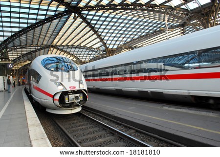 Intercity Express (ICE) train at railway station in Cologne, Germany