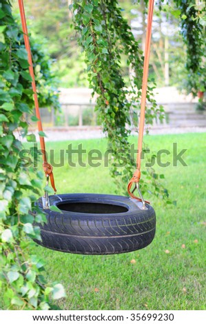 Car tire used as kids swing on trees in the garden