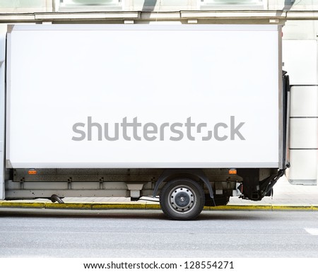 White truck in profile, copy space