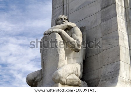 Statue of Native American crouching at Christopher Columbus Monument, Washington, DC, United States