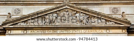 National Archives Building detail - close up view, facade in Washington DC, USA