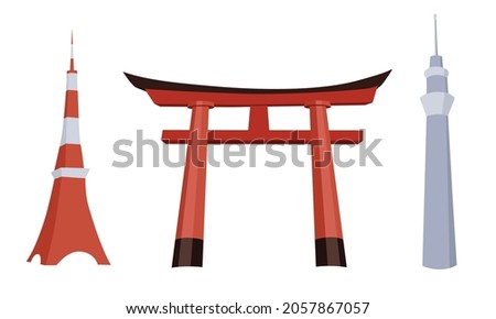 Vector Tokyo architecture set with tv tower, skytree and torii gate