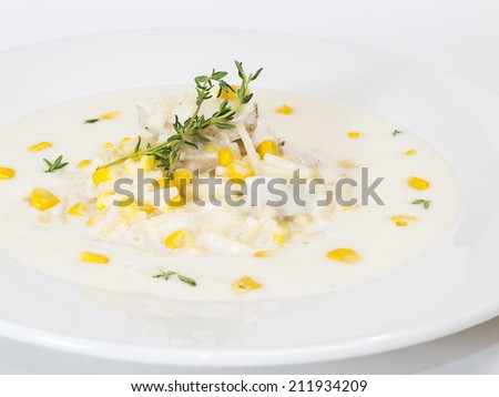 Chicken creamy soup with white meat chicken, herbs, corn and pasta