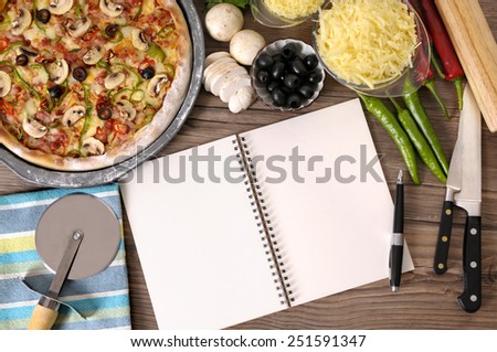 Pizza cooking, recipe book background.