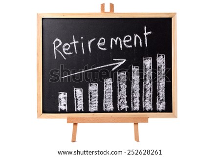 Retirement plan : Blackboard with retirement savings growth chart, isolated on a white background.  Investment, growth, retirement plan concept.