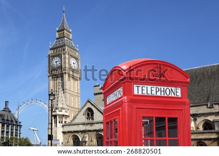 Red telephone booth, Big Ben clock tower, Parliament, London