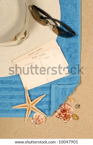 Travel background, summer beach, vintage post card, copy space, vertical.