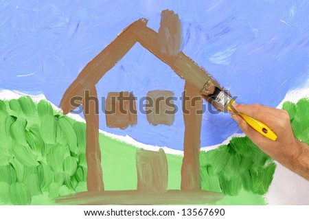 Man painting a scenic house view on a wall (artwork is deliberately messy).