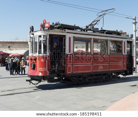 ISTANBUL,TURKEY- MARCH 31:Nostalgic tram of Istanbul. It runs between Taksim and Tunel via Istikal Street on March 31,2014.