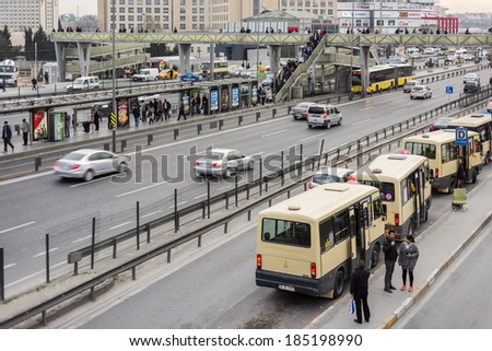 ISTANBUL - MARCH 24:  Yenibosna district in istanbul.Metrobus, a part of public transportation system, eases the traffic in Istanbul on March 24, 2014 in Istanbul, Turkey.