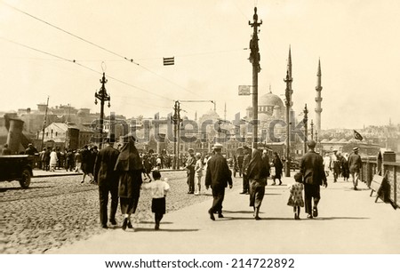 ISTANBUL, TURKEY - CIRCA 1900's :Vintage cityscape of Istanbul.Old Eminonu District.Turkey, circa 1900s.