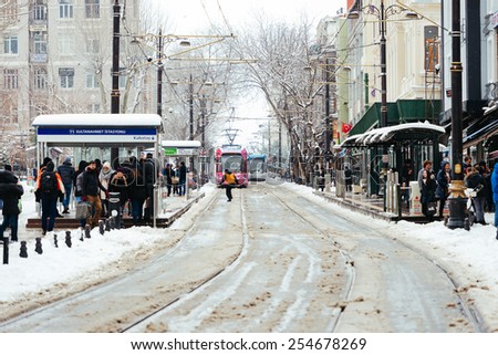 ISTANBUL, TURKEY - FEBRUARY 18, 2015: istanbul winter a day.Modern tram on Sultanahmet District.Istanbul is a modern city with a developed infrastructure