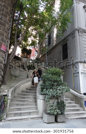ISTANBUL, TURKEY JULY 30, 2015:Camondo Stairs in Galata District.The stairs climb the hill from the Galata docks and Avenue of the Banks