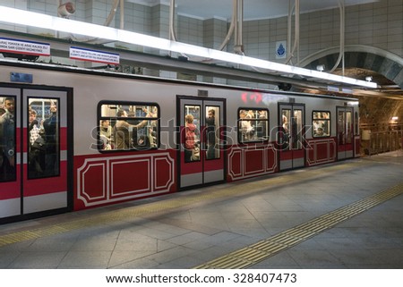 ISTANBUL, TURKEY - OCTOBER 14, 2015: View on the passenger car that crosses the ''Tunnel'', the underground railway line that connecting the quarters of Karakoy and Beyoglu in Istanbul, Turkey.