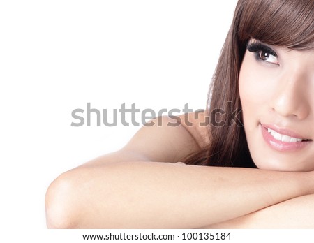 pretty girl smile face and look to blank copy space , model is a asian woman