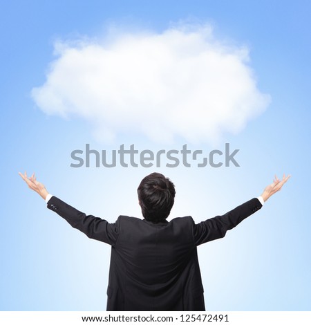 back view of business man showing and hug white cloud with blue sky background, concept for cloud computing or success business or eco issue, asian model