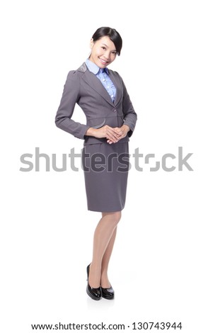 business woman standing and smiling politely, full body,  isolated on white background, asian model