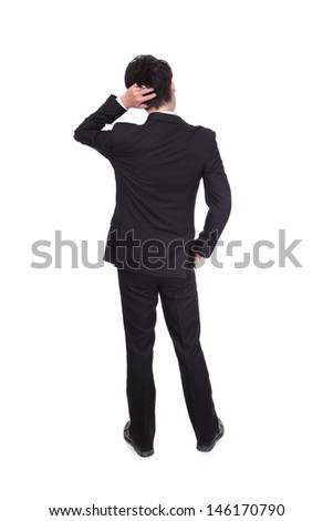 Back pose of a business person thinking. Isolated over white background, full body, asian model