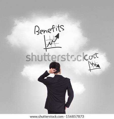 business person thinking about cost and benefits problem, asian model