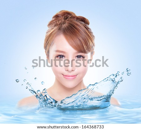 Beauty Skin care concept, Beautiful woman face with Water splashes isolated on blue background, asian model
