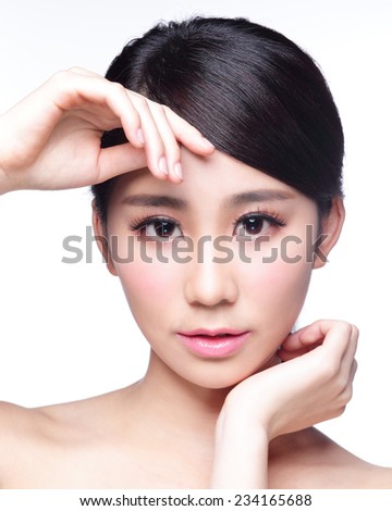 Beautiful Skin care woman Face smile to you isolated on white background. asian Beauty