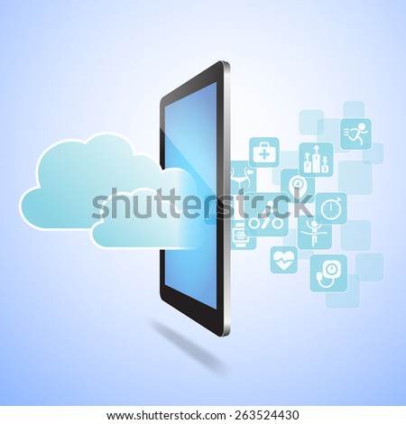 Health and Cloud Computing concept - Touch tablet pc with health icon and cloud computing