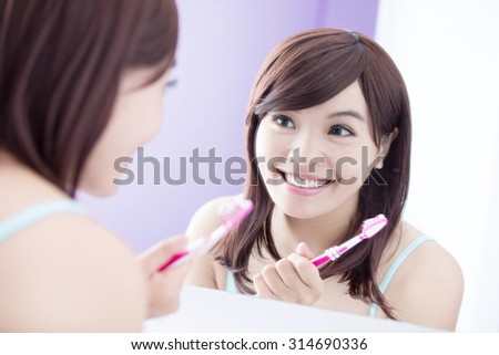 Close up of Smile woman brush teeth and look mirror. great for health dental care concept. asian beauty