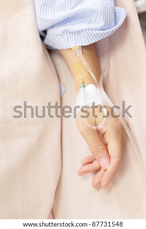 Patient's hand with an intravenous drip before surgery in an operation room