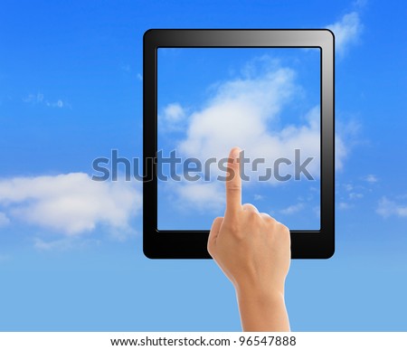 cloud computing and touch pad concept. hand holding black empty frame and touch the cloud