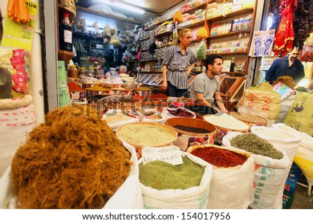 HATAY, TURKEY - AUGUST 21: Spices market in historical place \'Uzun Carsi\', on August 21, 2011 in Hatay, Turkey. Uzun Carsi is oldest and one of the most important shopping certer in Hatay.