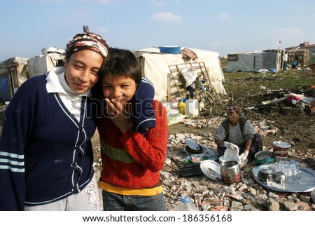 ISTANBUL, TURKEY - JANUARY 8: Gypsies family at Silivri Gypsy Camp on January 8, 2008 in Istanbul, Turkey.