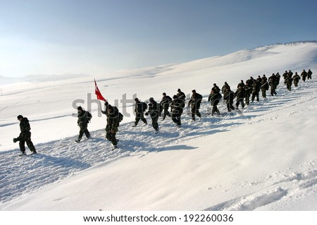 SARIKAMIS, TURKEY - DECEMBER 26: Turkish soldiers walking at Sarikamis Allahuekber Mountains on December 26, 2006 in Kars, Turkey. Hiking done for, Turkish soldiers who died in 1915 Sarikamis.