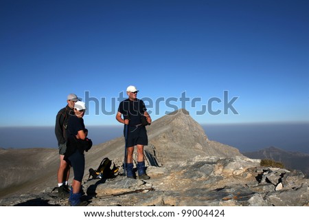 OLYMPUS, GREECE - AUGUST 14: Climbers at Mount Skala ridge route on August 14, 2008 in Litohoro, Greece. Skala on the Mount Olympus route. Mount Olympus is highest mountain in Greece at 2917 meters.