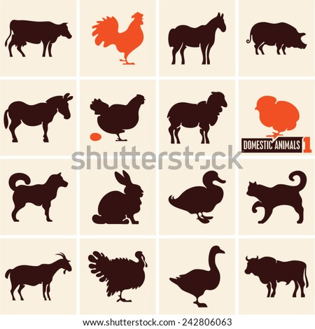 Domestic animals. Farm animals. Animals icons.