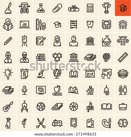 Education icons set. Back to school concept linear vector icons isolated on black background. Office supplies.