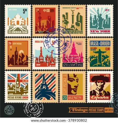 postage stamps, cities of the world, vintage travel labels and badges set, art deco style vector posters collection, seal and postmark design templates
