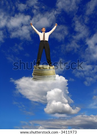 Business dream. Businessmen on clouds with success. Dream come true !