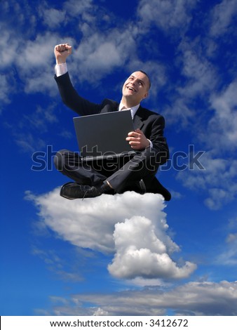 Happy,successful businessman  on the cloud. Dream come true !