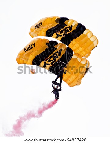 EAU CLAIRE, WI - JUNE 6: Two members of the U.S. Army Golden Knights parachute team stack up on their descent at the Chippewa Valley Airshow in Eau Claire, WI on June 6, 2010.