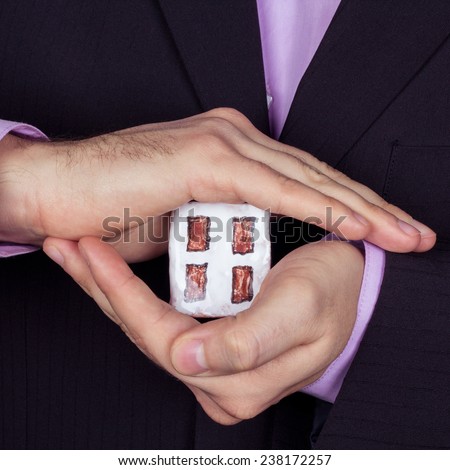 The concept of the security system at home, real estate transactions, work of the broker. Male hands with the prototype of a private house. A man in a business suit with a model house in his hands.