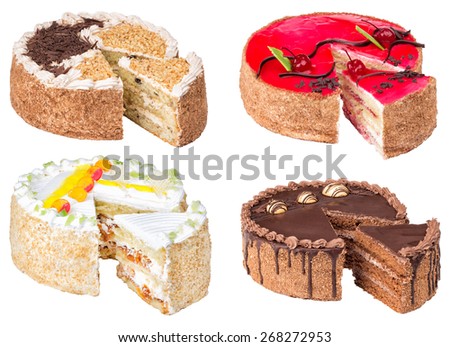 Cakes on a white background. Jelly cake with cherry. Cake and cut a piece of cake. Round cake. Design of the cake. Confectionery.