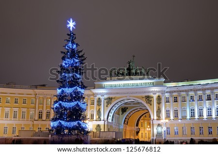PETERSBURG, RUSSIA-JANUARY 5:Christmas tree with illumination at Palace Square on January 5, 2013 in Petersb, Rus. 66 christmas trees were placed at Christmas on  main squares and streets of the city