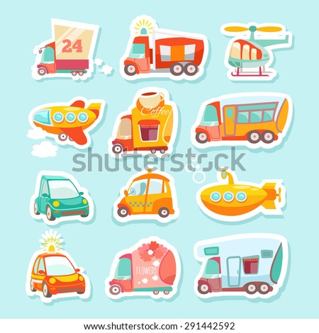 Cute Kawaii Stickers Set Of Cartoon Transport. Suitable In Design For ...