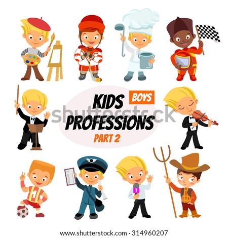 Big set of cute cartoon professions for kids. Painter, hockey-player, cook, racer, bandmaster, postman, journalist,farmer. Funny cartoon boys. Professions icon set. Vector illustration