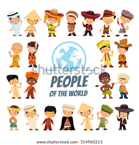 Big icon set with people of various nationalities in traditional costumes. Peoples from around the world. Isolated on white.Vector illustrations