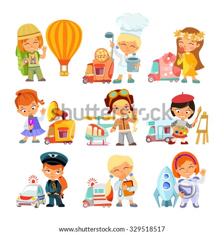 Big collection of cartoon little girls in various professions with vehicles. Traveler,cook,florist,journalist,pilot,painter,doctor,astronaut. Vector illustrations isolated on white background
