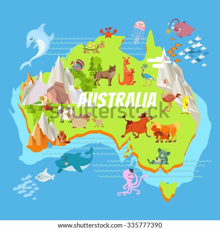 Cute Cartoon Australia Continent Map With Landscapes And Animals ...