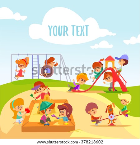 Cute Little Cartoon Boys And Girls On Playground.Children Playing On A ...